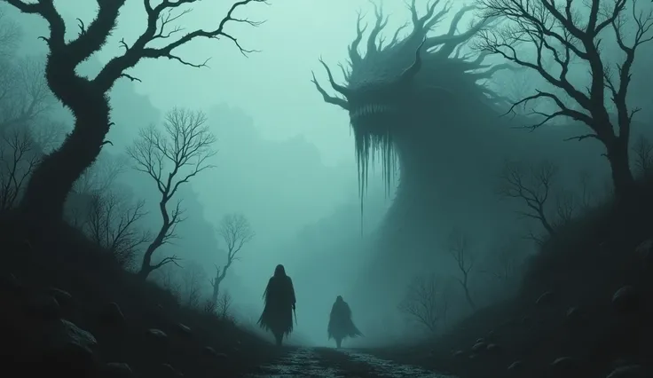 dark fog, surreal nature elements, dark fantasy, creepy creatures