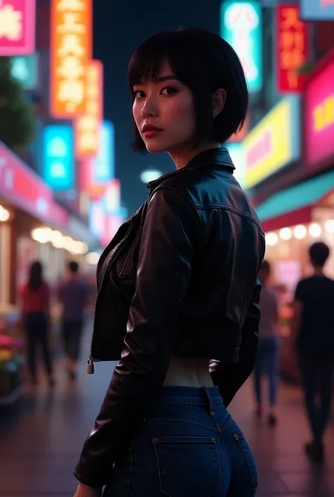 full-body shot of a very beautiful short haired asian women, big breasts, (wearing a skintight jeans and a leather jacket), lighten up by a flashlight, in a crowded asian street by night with a lot of neon-signs in the background, photo taken with a Canon ...