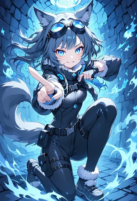 1wolf girl, multi colorerd eyes, wolf tail, wolf ears, long hair, (smirk:0.9), cute, 
(blue aura:1.1), 
fur-trimed bodysuit, wai...