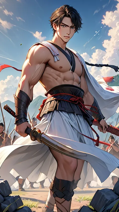 Japanese,23-26, Handsome man,  fair skin, black eyes（thin eyes 1：3), (Super detailed, best quality, 4K, 8k, High resolution, masterpiece:1.3) realistic pic, Wear clothes during ancient wars,　abs muscle,　The background is an ancient warfield, fighting 