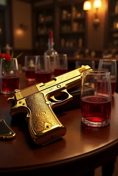 A beautiful tavern with a gun, a gold-plated golden gun and next to it some glasses of wine and some luxury drinks.