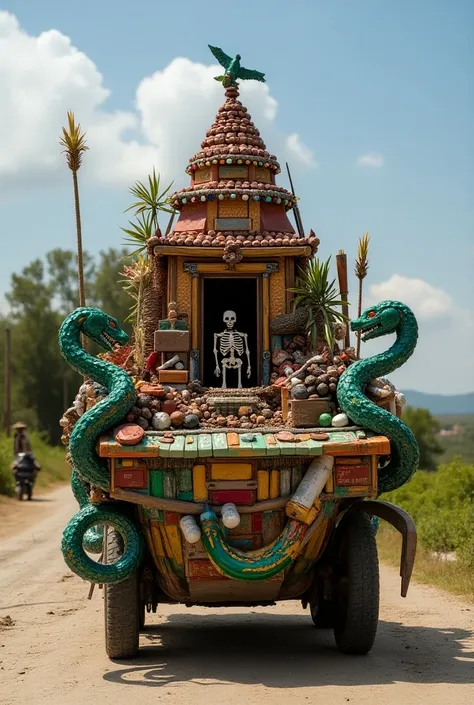 An allegorical cart  ,  with a Mexican theme ;  with a Quetzalcoatl snake on each side ,  a Mayan pyramid and on top of it there is an altar of the Holy Death ,  that there are skeletons and dead in the allegorical car,  all with recyclable material bottle...