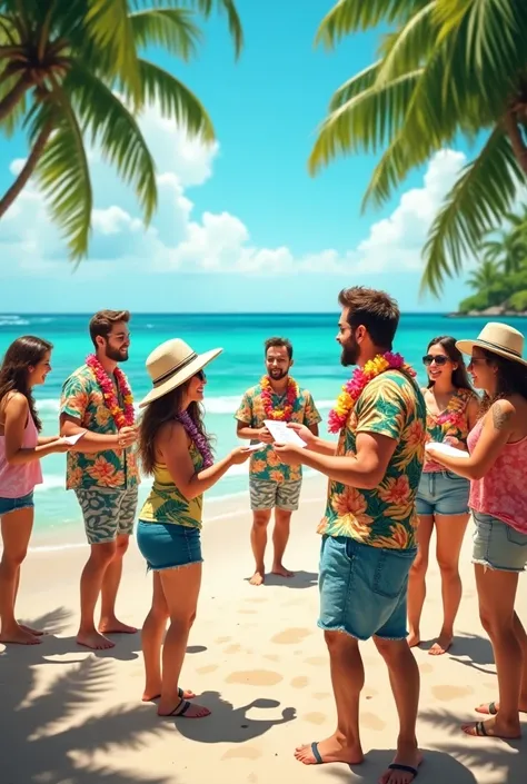 People dressed in Hawaiian attire on a beach handing out flyers