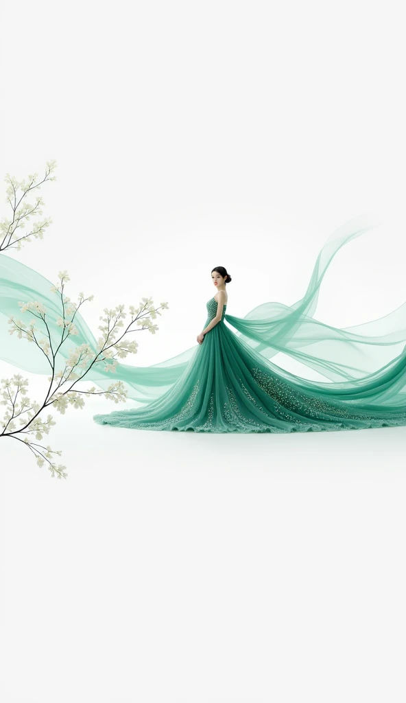 An elegant Asian woman wearing a breathtaking, flowing green gown designed for a wedding. The gown features intricate details with soft, cascading fabric that creates a sense of grandeur and grace. The scene is set against a soft green and white color pale...