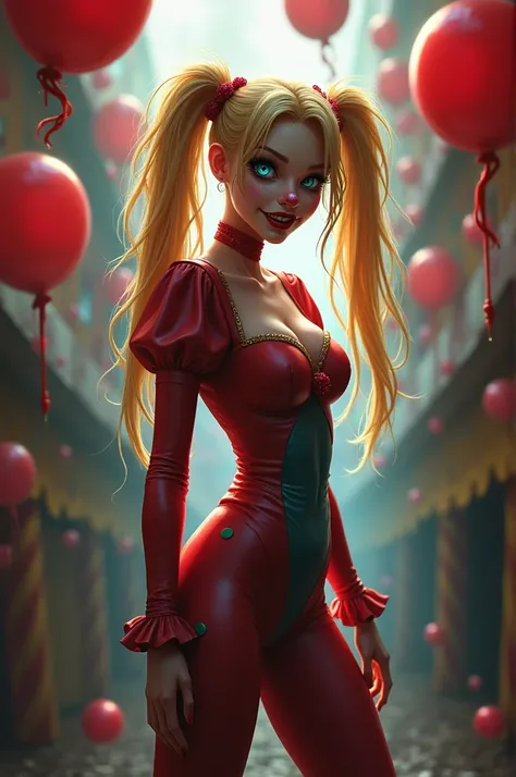 Pretty girl , blue eyes , long blond hair with two pigtails ,  Open mouth  , evil smile ,  small waist ,  big butt , Disguised as a clown  , dressed as a clown , sexy , Circus background