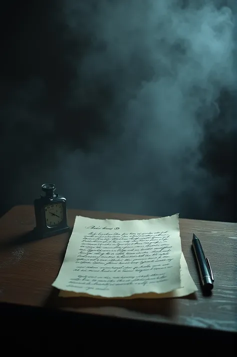 Letter on a desk table with pen in a room surrounded by smoke