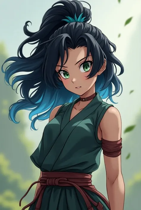 A young female warrior of 1 .70 meters high,  with pointed black hair with blue tufts , that falls in soft waves around her face.  Her big, green eyes shine with determination and a touch of sweetness .  She wears a combat suit that combines Gokus gi and t...