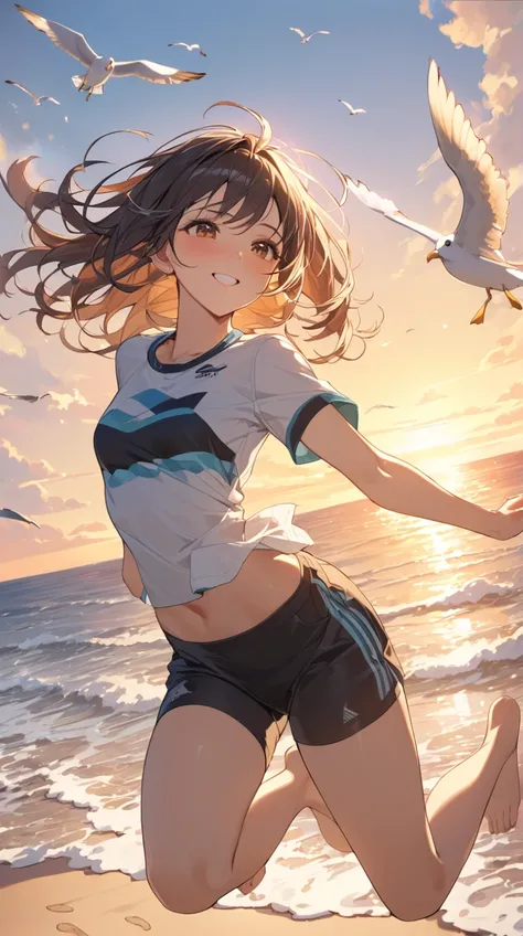 One Girl、 happy smile 、 medium length hair 、 Sporty Outfits 、 jumping in the air、Small breasts、Free Spirit、 open arms 、  
break、  
 golden hour 、（Soft glow:1.2）、 Warm Tones 、Gentle Shadow、  uplifting vibe 、 playful air 、  
break、  
Seaside、The waves crash、...