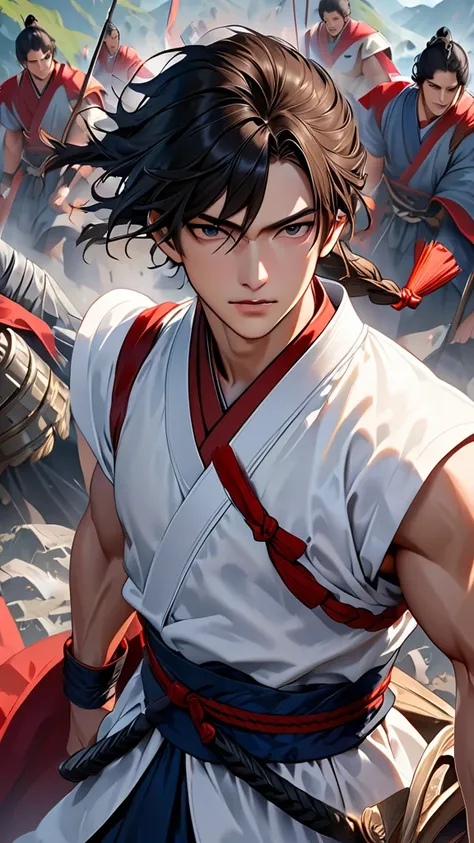 Japanese,23-26, Handsome man,  fair skin, black eyes（thin eyes 1：3), (Super detailed, best quality, 4K, 8k, High resolution, masterpiece:1.3) realistic pic, Wear clothes during ancient wars,　abs muscle,　The background is an ancient warfield, fighting 