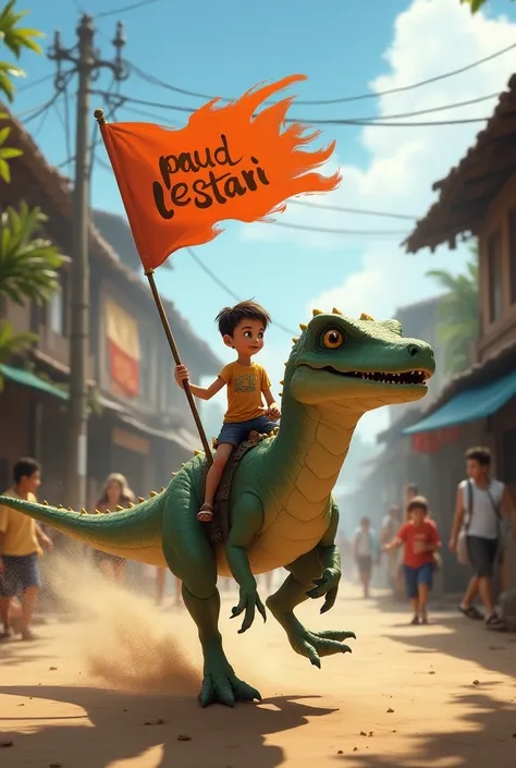 A  boy, holding a large fluttering flag that reads "PAUD LESTARI", rides a tyrex that runs and flies, adding to the dust effect when running, on a busy village street,