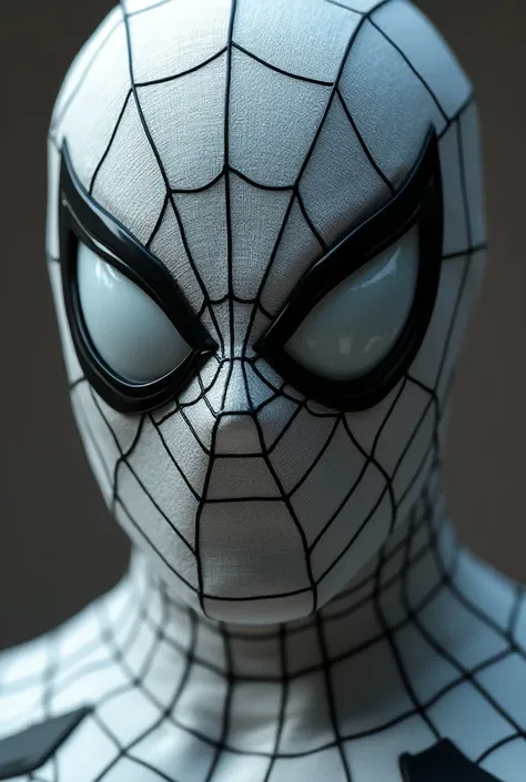  A close up of Spider-Mans face with his iconic white mask and large eyes.  The mask fabric shows slight folds and texture ,  detailing the black webs that cover the face . The background is blurred, , further highlighting the expression on the masked face...