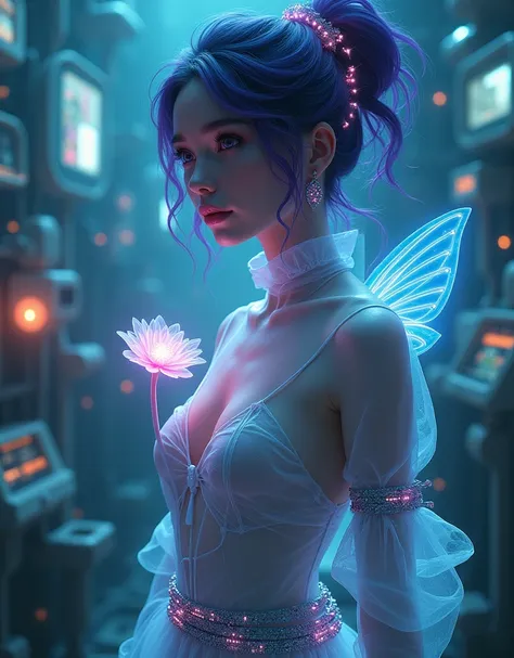 Sitting: A Fairy Woman in a Dark Electronic World、 Floating holographic flower 々Stand at 。 She wears a transparent dress 、 The erotic lines of the body emerge from there .。 A shiny belt is tied around her waist 、 Digital accessories like earrings and neckl...