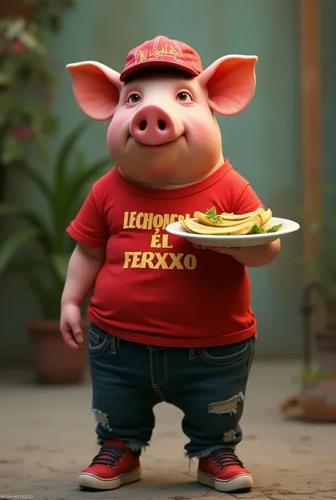 Pig standing with reggaeton flow with a flat red cap, a red t-shirt that says lechoneria el ferxxo, dark blue jeans and around the knee a worn one with red and black sneakers and on the right hand a plate with the tamale in the shape of a drop of leaves fr...