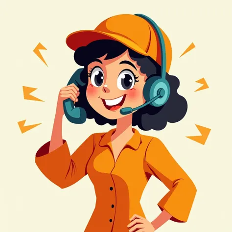  Generate the image of a telemarketer smiling, cartoonized, with an orange blouse and an orange cap 