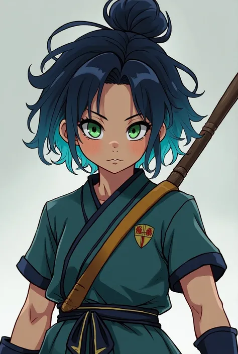 A young female warrior of 1 .70 meters high,  with pointed black hair with blue tufts , that falls in soft waves around her face.  Her big, green eyes shine with determination and a touch of sweetness .  She wears a combat suit that combines Gokus gi and t...