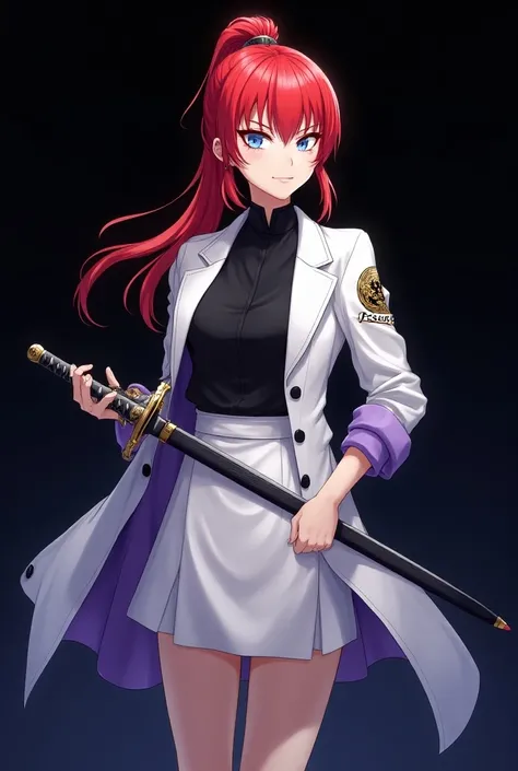 Fille animé. Jeune femme au cheveux roux flamboyant attaché en une longue queue de cheval et des yeux bleus ciel avec la peau pâle. Portant une chemise noire bien coupée quelle porte également dans le cadre de son uniforme, dune jupe blanc avec des poignet...