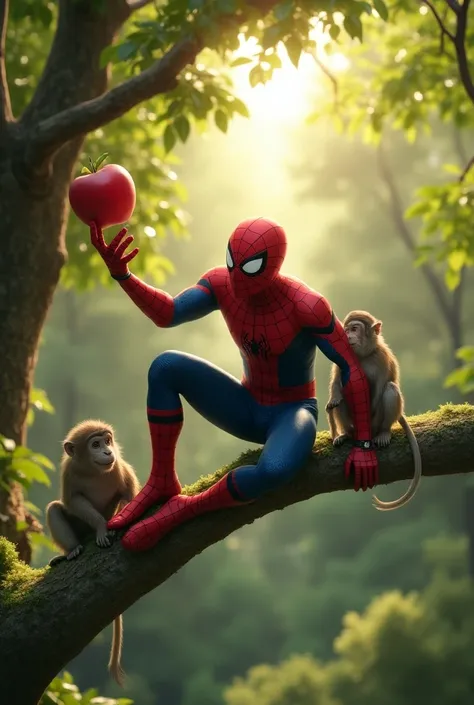 Spiderman hanging on a tree with a monkey and eating apple 