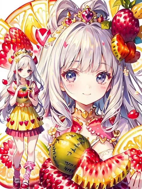 Cute outfit like a princess,((fruit collage:1.25)),((close up of face:1.2)),smile,(Lovely and passionate background),((Overflowing heart:1.3))