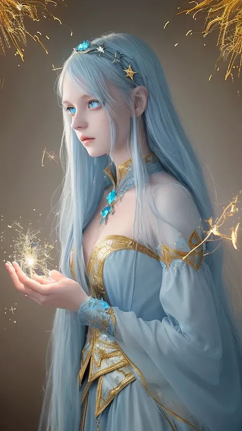 "A fantasy-style girl with long, flowing light blue hair and glowing bright blue eyes. She has delicate, soft features, wearing a dark, elegant outfit with intricate gold detailing. Her hair is adorned with a star-shaped blue crystal accessory. The backgro...