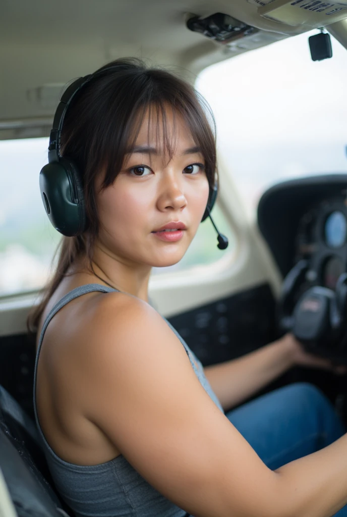 athletic beautiful mid thirties korean woman wearing tank top piloting small plane. headset. thick upper arms. photograph.