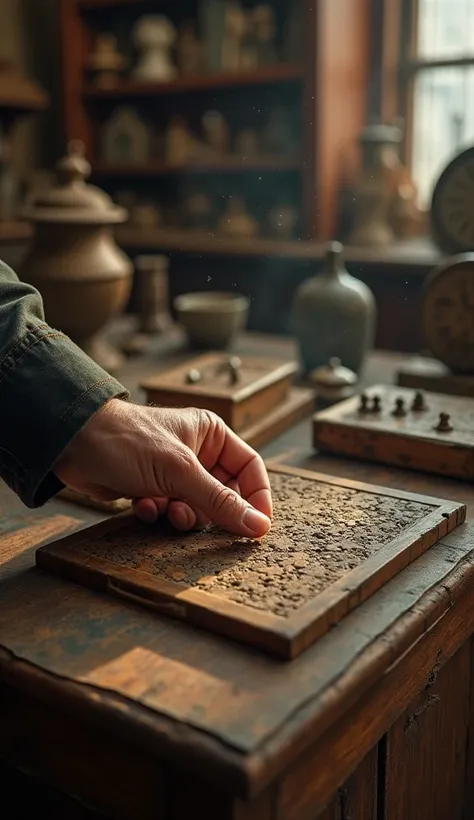 A mans hand holds a puzzle in an antique store. 