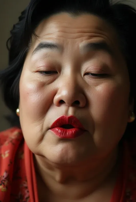 Close-up photo of a fat old Asian woman with heavy makeup opening her bright red lips wide open and closing her eyes without showing her teeth