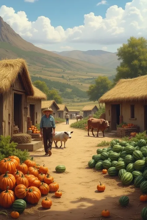  Create an image about the peasants of northern Argentina. Create Straw and Adobe Ranches .
with cows , sheep and pigs.
 Let there be pumpkin and watermelon crops .