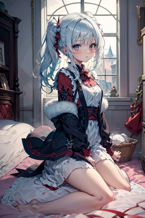 anime girl en tenue de père Noël assise sur le lit avec des cadeaux, pixiv, Chez Pixiv, séduisante fille d’anime, Père Noël, artgerme extrêmement détaillé, Loli en robe, Divinité aux cheveux blancs, V de Devil May Cry en Elfe, Loli, fille parfaite aux chev...