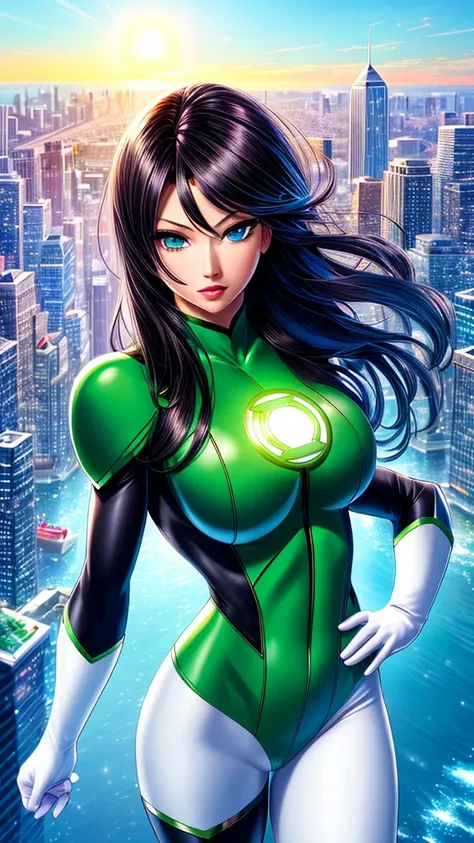 masterpiece, best quality, 1girl, black hair, blue eyes, green lantern costume, white gloves, cityscape background