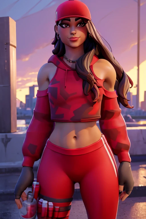 ruby , (fortnite),1girl, solo, long hair, looking at viewer, smile, breasts, city background, butt, bare shoulders, tight shirt,...