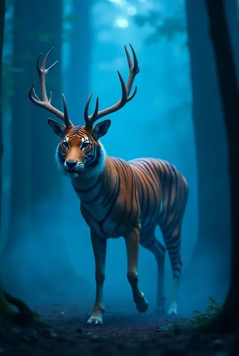 
"A striking hybrid creature combining the sleek body of a deer with the fierce features of a tiger. The creature has a deers slender legs and elegant antlers, but its body is covered in orange and black tiger stripes, with muscular limbs and sharp claws. ...