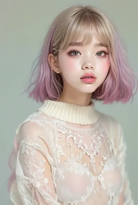 ((Extremely realistic)), ( super real), generate a highly realistic image, white backdrop,,15-year-old female,high school student、short bob hair, Im hiding my forehead with bangs,white-silver-colored eyes,Long False Eyelashes,Clear eyeliner、Thick lips,, Mo...