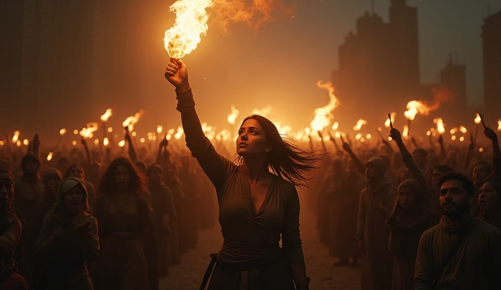 A woman stands at the front of a desperate crowd, raising a torch to the dark skies, as a ray of divine light illuminates her face and the crowd around her