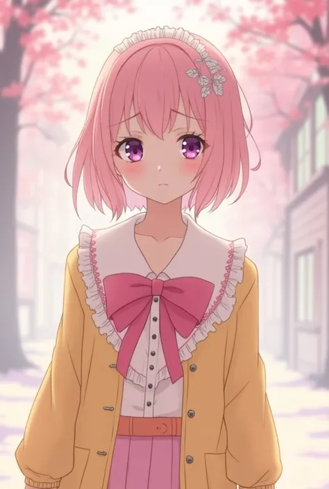 (Demon Slayer anime) a lovely  girl 1 meter 52 feet tall with light pink hair and charcoal purple eyes, there are 2 moles in the middle of the neck and under the left eye ,   face a pink and yellow lolita suit 