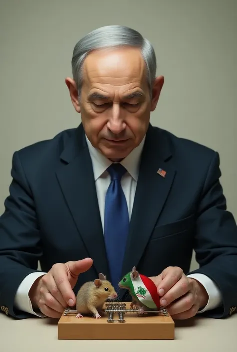 Netanyahu holds a mousetrap. Mice are colored with the flag of Lebanon and Iran