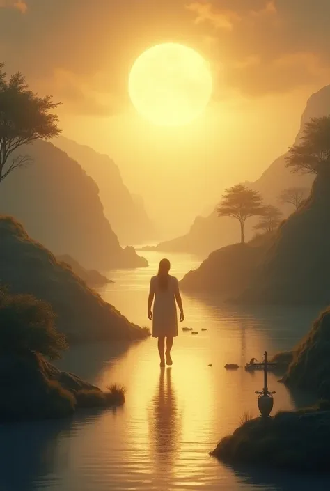  A serene landscape ,  with a luminous path that symbolizes the journey to happiness. In the background,  a human figure walking towards a soft and radiant light ,  surrounded by symbols of virtues such as justice  (), strength  (shield)  and temperance  (...