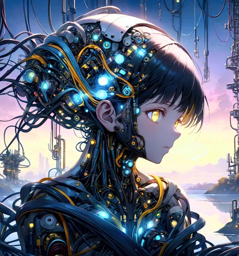 一幅                     surrealism 的手绘数字插图展示了一个由无数彩色电线、A                    surrealism hand-drawn digital illustration showing a humanoid figure intricately composed of circuit boards and mechanical parts。 The face is very similar to a human ，, but it is ce...