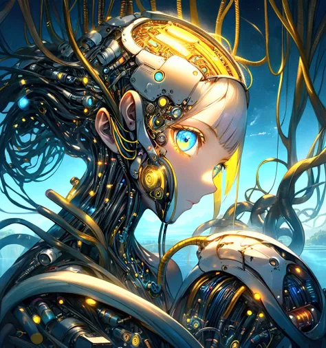 一幅                     surrealism 的手绘数字插图展示了一个由无数彩色电线、A                    surrealism hand-drawn digital illustration showing a humanoid figure intricately composed of circuit boards and mechanical parts。 The face is very similar to a human ，, but it is ce...