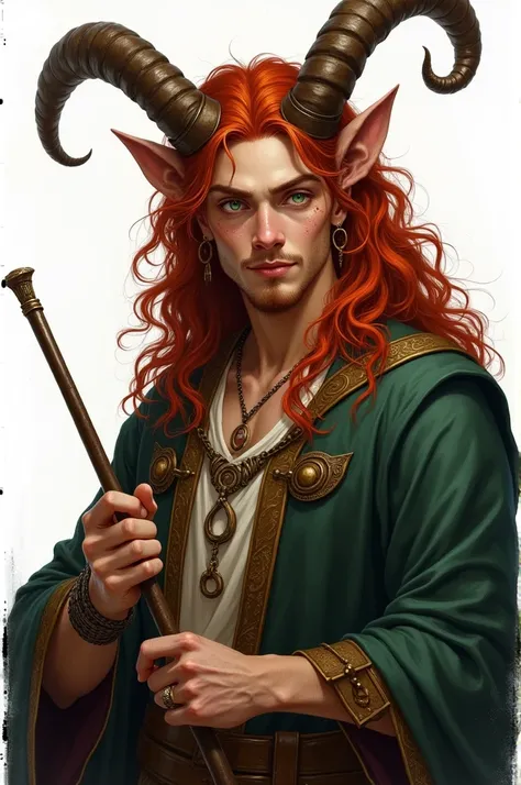 ((best quality)), ((masterpiece)), (detailed), A red-haired male satyr , brown-haired reddish , green eyes and freckles on her face, and a smile on your face,  wearing wizard robes with arcane symbols and holding a magic wand.  Art painting semi-realistic ...