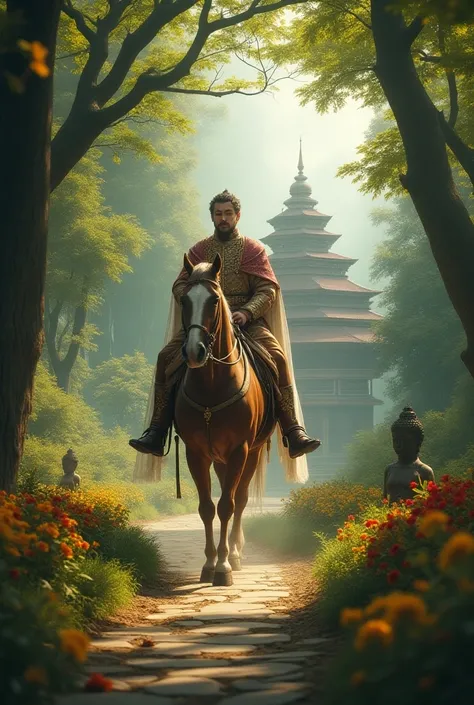 Create a captivating image of a regal king riding a majestic horse through a lush, green forest. The scene should be filled with tall trees, dappled sunlight filtering through the leaves, and a winding path leading to a serene monastery nestled in the back...