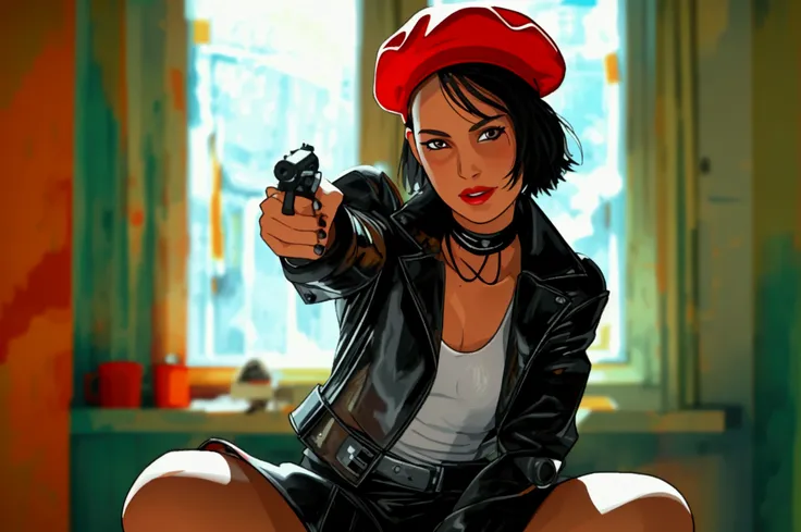 A female assassin squatting a stool and points the gun at the viewer, looking down and smiling fearlessly at the viewe, low angle shot, bob cut hair and red beanie, black choker, Black leather cropped jacket, white tube top, black leather miniskirt, black ...