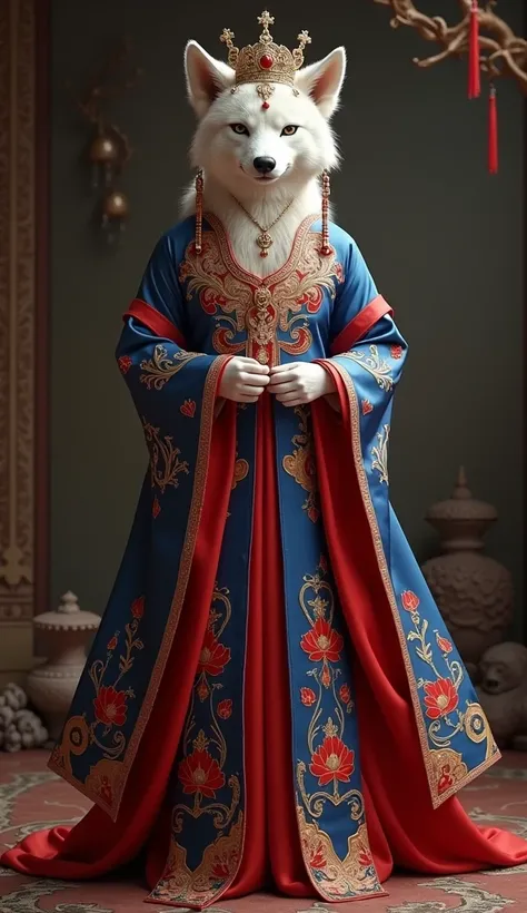 

Queen Wolf:

	•	Áo Dài: A beautifully tailored áo dài made of silk, featuring vibrant colors like deep red or royal blue, adorned with intricate gold embroidery of lotus flowers, symbolizing purity and beauty. The design has long, flowing sleeves and a h...