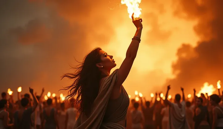 a woman standing in the front of a desperate crowd, raising a torch to the dark skies, ray of divine light illuminating her face and the crowd, dramatic lighting, epic, cinematic, intricate details, highly detailed, photorealistic, 8k, award winning art pi...