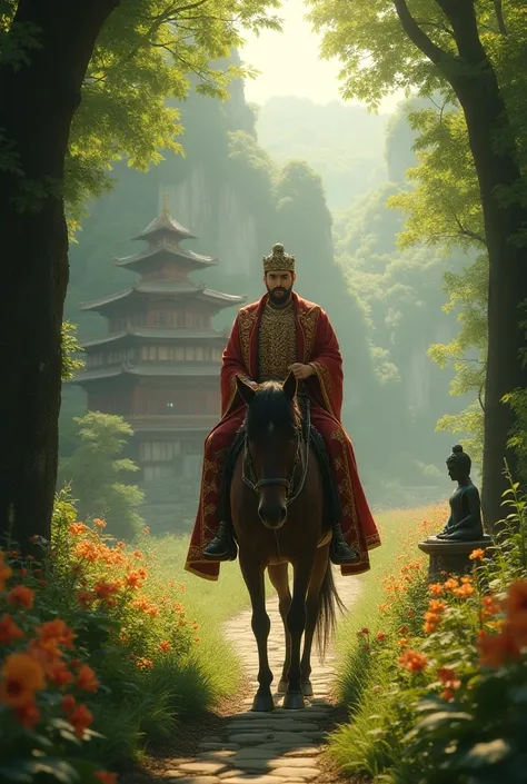 Create a captivating image of a regal king riding a majestic horse through a lush, green forest. The scene should be filled with tall trees, dappled sunlight filtering through the leaves, and a winding path leading to a serene monastery nestled in the back...