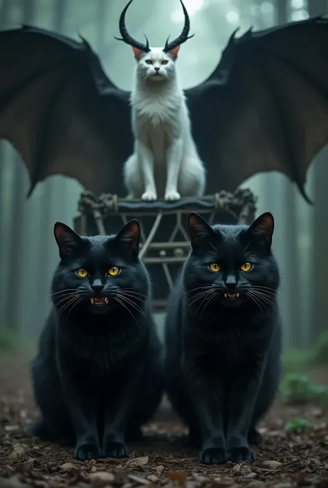 Two black cats tied to a chariot and a queen white cat sitting on the chariot The cat has wings and horns, its teeth are ferocious 