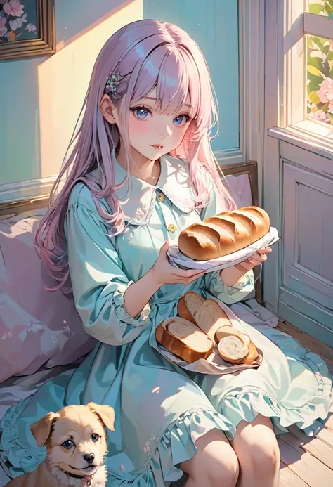 A girl is holding (a piece of bread) and is about to feed it to a puppy, the painting style is a warm and gentle atmosphere in pastel colors, various effects, contrasts of light and shadow, BREAK ultra detailed, absolutely resolution, best quality