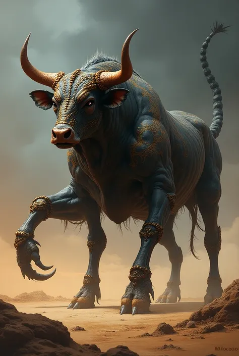 Create an image of a mythical creature that is a hybrid of a bull and a scorpion. The creature has the muscular body and powerful legs of a bull, but its head features a scorpions pincers and fierce eyes. Its tail is long and segmented, ending in a sharp s...