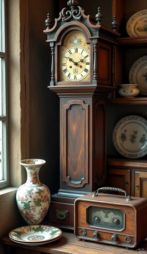 An old clock, an old radio and an old vase with some plates in an antique store.  