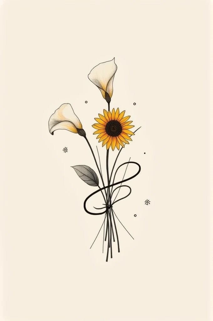  Minimalist tattoo of a bouquet with two white calla leaves , a yellow sunflower and the ribbon that forms the letter F  