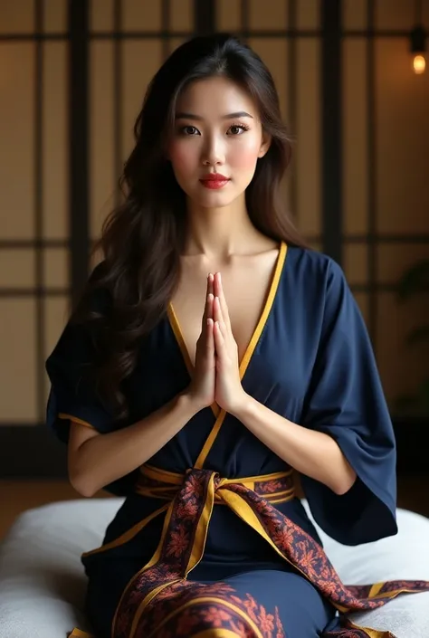 A full-body shot of a beautiful girl with long, wavy brown hair styled elegantly. Her makeup is polished, featuring a touch of lipstick that enhances her natural beauty. She wears a stunning navy blue Thai silk dress with a deep neckline, complemented by a...